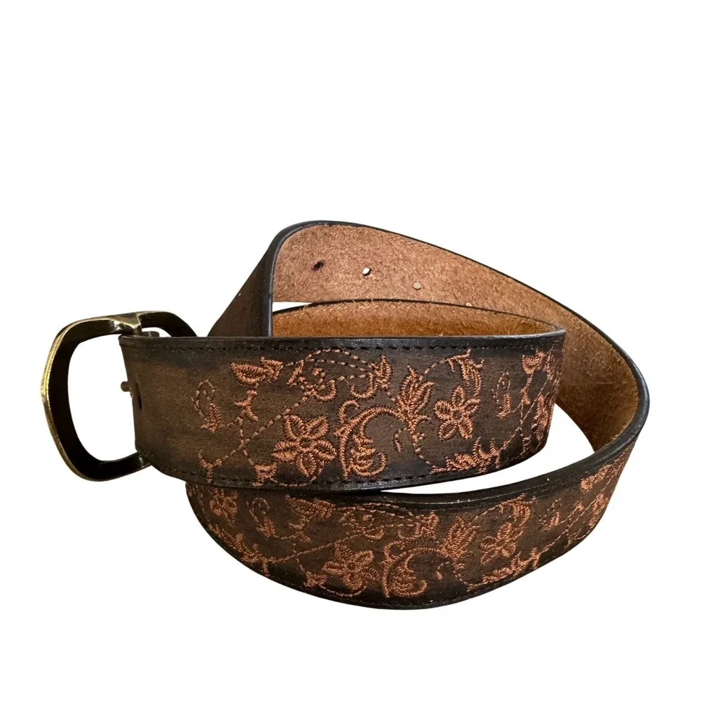 Genuine Leather Floral Embroidered Western‎ Belt Brown Bronze Buckle Size S boho
